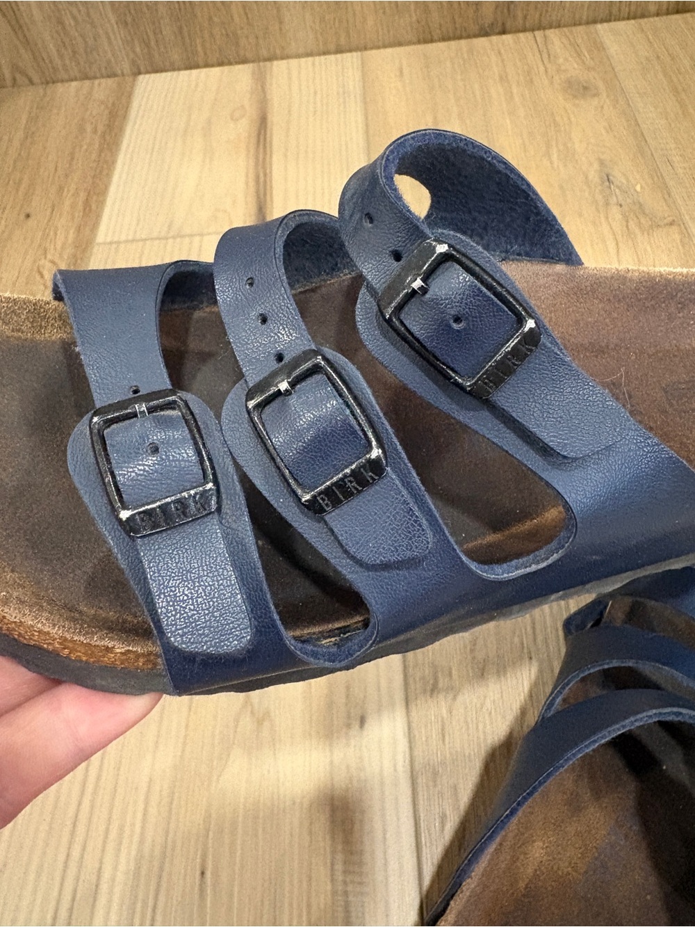 Birkenstock Unisex 36 Narrow Navy Birko Flor Florida Soft Footbed Buckle Slides - Picture 8 of 9